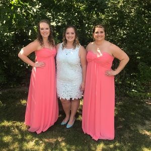 Floor-length, strapless, coral gown